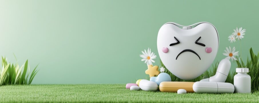 A sad cartoon tooth surrounded by colorful dental items and flowers on a green background, symbolizing dental health and care.
