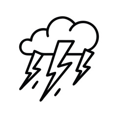 Thunderstorm Cloud Icon with Lightning Bolts, Black outline icon of a storm cloud with multiple lightning bolts, symbolizing thunderstorm, weather alert, and severe conditions in a minimalist style.
