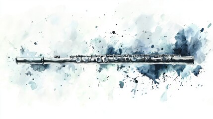 Elegant watercolor illustration of a flute, showcasing delicate details and artistic splashes of blue and gray tones.