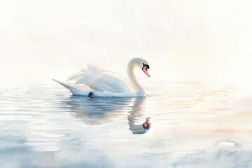 Fototapeta premium Elegant swan gracefully glides across serene water, reflecting its beauty in a tranquil setting towards a soft pastel backdrop.