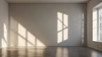 Obraz premium Subtle window shadow overlaying a smooth white wall. Bright, airy room with sunlight spilling in, creating soft highlights. Minimalistic mockup, home appliance product background 3D 