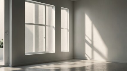 Fototapeta premium Subtle window shadow overlaying a smooth white wall. Bright, airy room with sunlight spilling in, creating soft highlights. Minimalistic mockup, home appliance product background 3D 