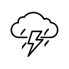 Thunderstorm Cloud Icon with Lightning Bolt, Simple black outline icon of a cloud with lightning bolt and rain, representing a thunderstorm, ideal for weather, forecast, and climate themes.
