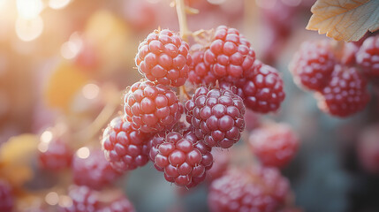 branch of ripe raspberries in a garden on blurred green background