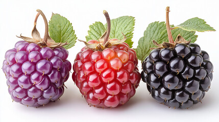 Blackberries and unripe blackberry.  Blackberries isolated on white