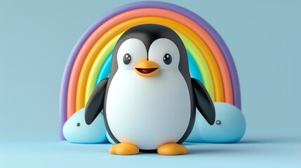 Fototapeta premium A cartoon penguin standing in front of a rainbow with clouds on a blue background.