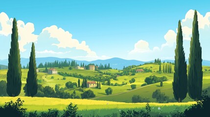 A serene landscape of rolling hills and cypress trees under a bright blue sky in the Tuscan countryside during a sunny day