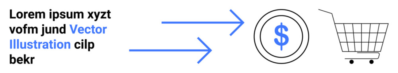 Dollar symbol coin with blue arrows pointing towards shopping cart and text. Ideal for ecommerce, financial transactions, online shopping, economic exchange, business growth, digital marketing