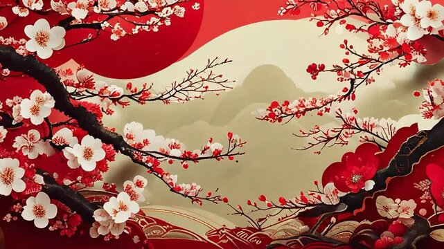 梅モチーフの日本の美しい紅白風景年賀状