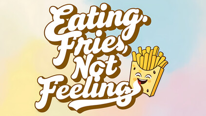 Playful poster with “Eating Fries, Not Feelings” in bold, fun typography accompanied by a small, cartoon-style fries icon on a pastel background, creating a humorous and lighthearted vibe.
