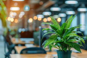 Office Plant. Business Concept with Green Leaf Plant in Blurred Office Interior