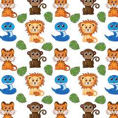 Fototapeta premium Cute seamless children colorful pattern with animals. Cartoon cute animals including lion, tiger, monkey, snake.