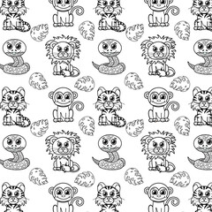 Cute seamless children pattern with animals. Coloring page for kids and adults. Mermaid colouring book