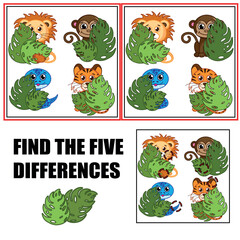 Fototapeta premium Find differences, education game for children. Cartoon cute animals including lion, tiger, monkey, snake.