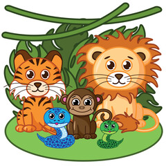 Cartoon cute animals including lion, tiger, monkey, snake. Cartoon flat vector illustration. Children's animal illustration.