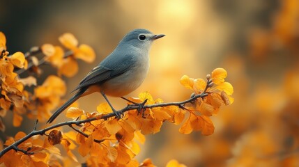 Obraz premium Small bird perched on branch in autumn forest, peaceful scene, golden hour sunlight, beautiful songbird, natural setting, delicate feathers, tranquil moment, fall season, wildlife beauty