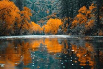 Fototapeta premium Peaceful Fall. Reflecting Fall Colors in Rogue River Adventure with Friends