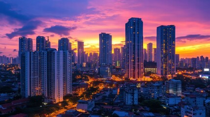 Obraz premium Cityscape with modern skyscrapers at sunset, representing urban travel and exploration