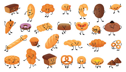 Cute bread characters. Funny pastry character, kawaii croissant baguette bread buns. Sweet donut, bagel, muffin mascots, neoteric vector set