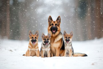 Naklejka premium German Shepherd adult dog with four puppies sitting together in a snowy forest, looking happy and playful in winter scenery.