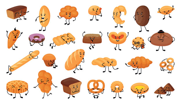 Cute bread characters. Funny pastry character, kawaii croissant baguette bread buns. Sweet donut, bagel, muffin mascots, neoteric vector set