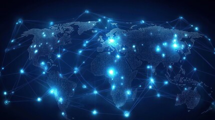 Conceptual illustration of global stock markets, interconnected digital data streams, world map background