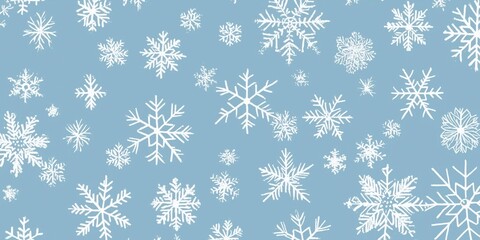 A serene winter background with various snowflakes gently falling against a blue backdrop