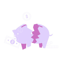 Broken Piggy Bank In Flat Vector Illustration Symbolizing Financial Loss, Budget Issues, And Savings Crisis, Isolated On White Background