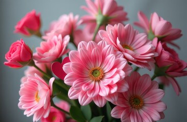 Fototapeta premium bouquet of pink roses in a glass vase with pink ribbon concept of florist shop, romantic gift, celebration of love