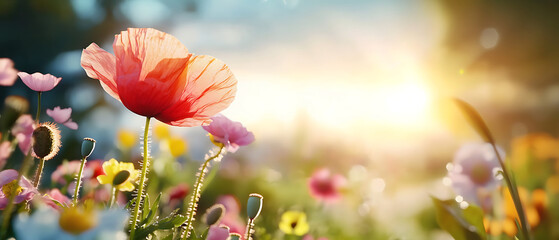 Poppy field at sunrise petals shimmering set