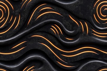 Abstract design of charred black wood with flowing, wavy grooves filled with orange highlights, creating a dynamic texture inspired by Shou Sugi Ban, the Japanese wood preservation technique