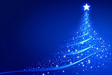 A sparkling blue Christmas tree adorned with a bright star shining at the top against a dark blue background
