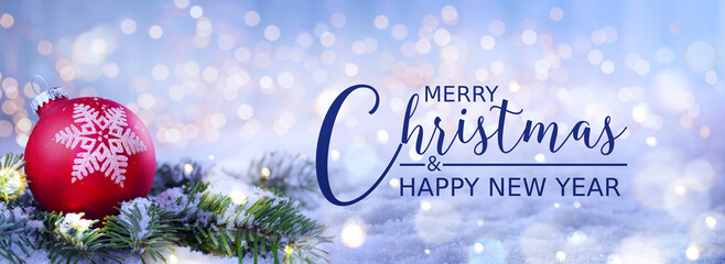 Christmas greeting card  - Merry Xmas and happy new year - Snow background with Christmas tree...