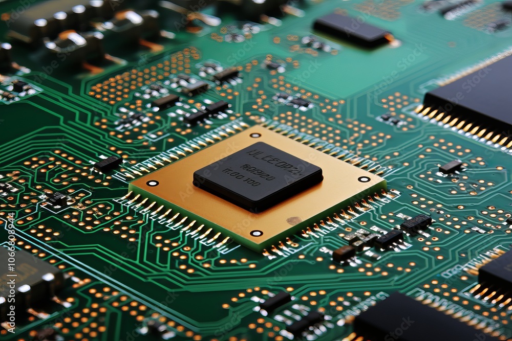 Poster close-up view of a cpu on a detailed printed circuit board showcasing intricate connections