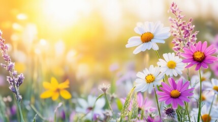 Colorful wildflowers flourish in a meadow, illuminated by the soft, golden light of the sunset, offering a peaceful and vibrant view