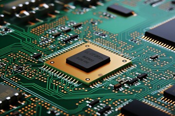 Fototapeta premium Close-up view of a CPU on a detailed printed circuit board showcasing intricate connections