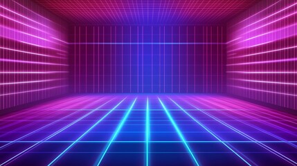 Fototapeta premium A retro-futuristic room with neon grid lines on the floor, walls, and ceiling in vibrant pink and blue hues, creating an immersive vaporwave aesthetic in a digital 3D space