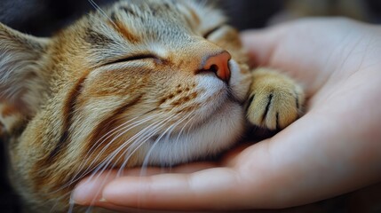 Close-up of tabby cat being petted, affectionate domestic pet interaction, adorable feline face and human hand, animal companionship, gentle touch, and bonding moment