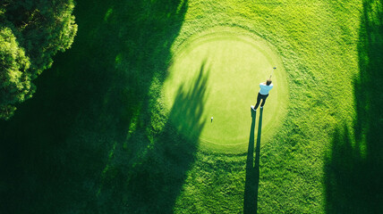 A golfer preparing to putt on a lush green putting green during a sunny afternoon