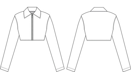 zippered long sleeve collared crop cropped shirt jacket coat blouse top template technical drawing flat sketch cad mockup fashion woman design style model 
