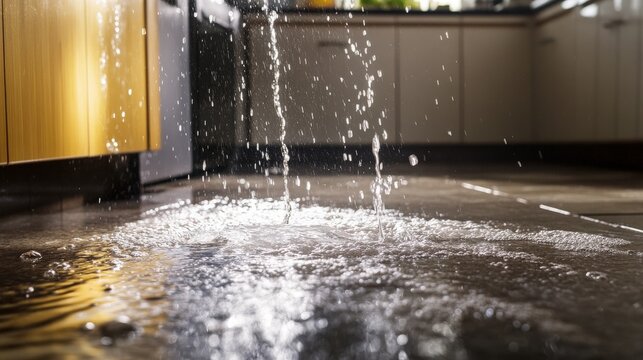 A broken water pipe in the kitchen is causing water to gush onto the floor, leading to a flooding situation that requires immediate attention