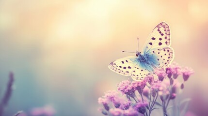 Naklejka premium A delicate butterfly perches on vibrant wildflowers, illuminated by the warm, ethereal glow of early evening light