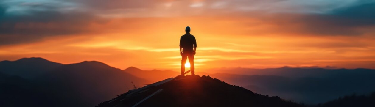 Dedicated worker repairing a roof against the backdrop of a stunning sunset sky.