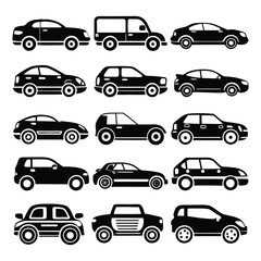 front and side view car icons line and silhouette