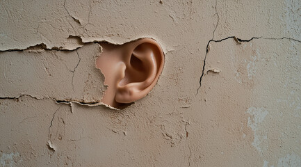 A detailed view of a human ear appearing through a cracked wall, creating a surreal and intriguing visual effect. The image conveys themes of listening, curiosity, and hidden secrets. Walls have ears.