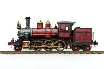 Fototapeta premium Old rusty diesel locomotive side view isolated on white background, industrial train engine with weathered metal, vintage railway transportation, cargo transport machinery, grunge look