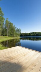 Serene Lake View with Wooden Dock, Trees, and Blue Sky on Sunny Day, Summer Landscape Background