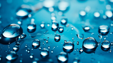 Primer plano de gotas 3D condensadas en un vidrio de color azul. Fondo brillante y saturado.