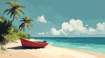 Obraz premium Serene beach scene with a boat anchored near a tropical shore, perfect for island travel vibes