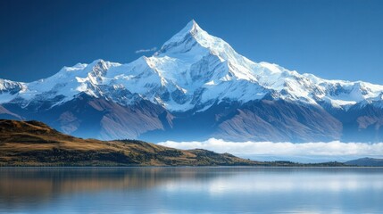 Naklejka premium Snow-capped mountains under a clear blue sky, perfect for winter travel background themes